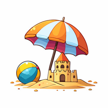 Colorful Beach Umbrella on Sandy Island Vector Illustration