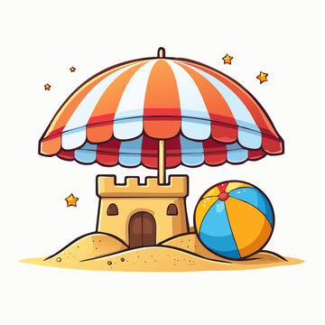 Colorful Beach Umbrella on Sandy Island Vector Illustration