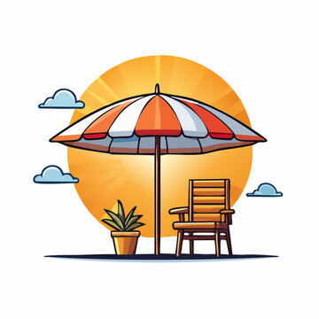 Colorful Beach Umbrella on Sandy Island Vector Illustration