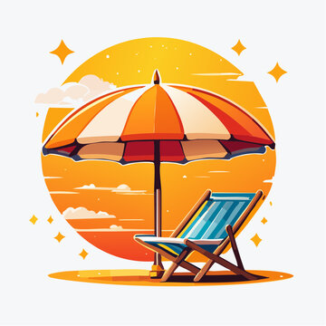 Colorful Beach Umbrella on Sandy Island Vector Illustration