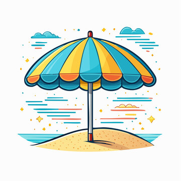 Colorful Beach Umbrella on Sandy Island Vector Illustration