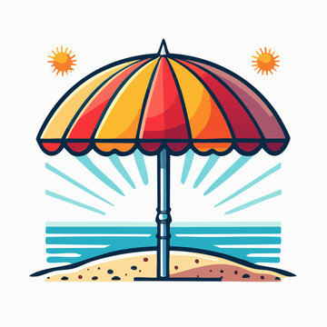 Colorful Beach Umbrella on Sandy Island Vector Illustration