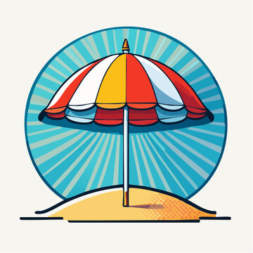 Colorful Beach Umbrella on Sandy Island Vector Illustration
