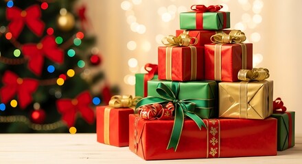 Christmas Presents on Table with Red Green and Gold Tree