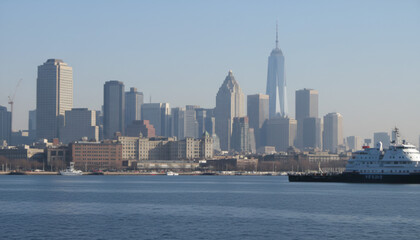 Obraz premium Urban Cityscape with a Modern Skyline and a Cruise Ship on the Water Representing Travel and Commerce