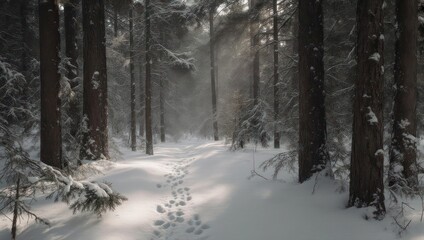 Snowy forest path bathed in sunlight, showing footprints leading into the misty distance