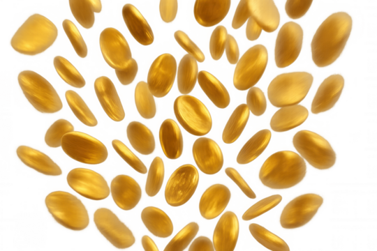 Gold coins falling, raining money on a transparent background. Wealth, success, and financial growth concept