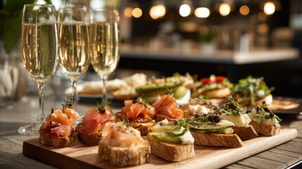 Assorted appetizers are beautifully arranged on a wooden platter alongside sparkling drinks inviting enjoyment.