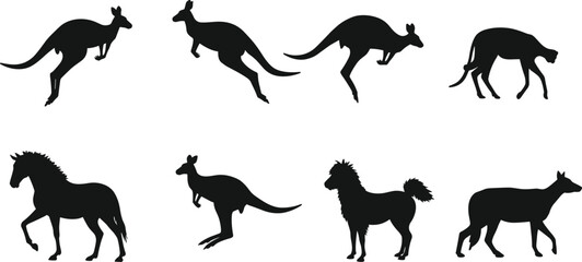 Wild animal silhouette collection with kangaroo, horse, and dog shapes, black vector illustration for wildlife, nature, and animal design themes