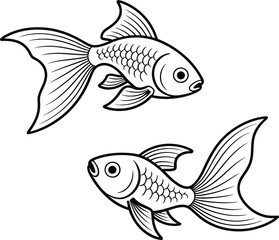 Flat vector illustration of two ornamental goldfish swimming, outline style, aquatic pets, perfect for coloring books, and tattoo design
