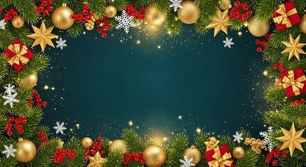 Christmas Border Teal Pine Gold and Red Sparkle
