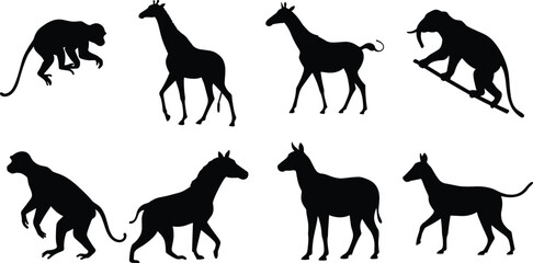 Wild animal silhouette collection featuring monkey, giraffe, and antelope shapes, black vector illustration for wildlife, nature, and safari design themes