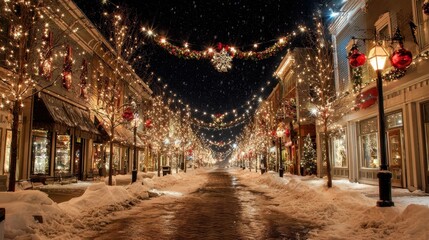 Snow blankets the cobblestone street where festive lights sparkle as holiday decorations adorn each shop.
