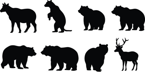 Naklejka premium Wild animal silhouettes set with bear, deer, moose shapes, wildlife vector illustration for forest, nature, and outdoor design themes