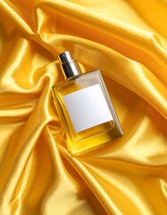 Perfume bottle on lustrous yellow satin cloth, overhead studio shot