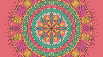 A symmetrical mandala design featuring concentric circles and floral patterns with a pink background hue