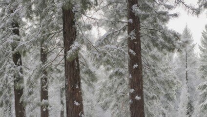 Snowy forest scene. Tall pine trees covered in white. Winter atmosphere