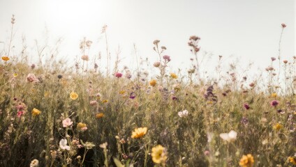 Soft-focused field of wildflowers and grasses bathed in warm sunlight, serene and natural