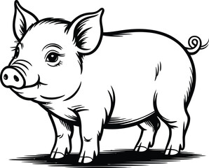 Cute farm pig standing on ground, adorable cartoon animal drawing, baby piglet illustration for children book art, flat vector illustration