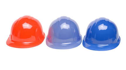Fototapeta premium Red, blue, and light blue safety helmets arranged in row on transparency background, representing construction, safety, and teamwork in industrial or engineering environment