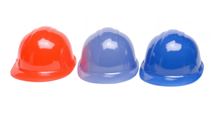 Red, blue, and light blue safety helmets arranged in row on transparency background, representing construction, safety, and teamwork in industrial or engineering environment