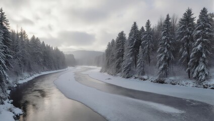 Snowy winter river scene with frosted trees lining both sides under a cloudy sky