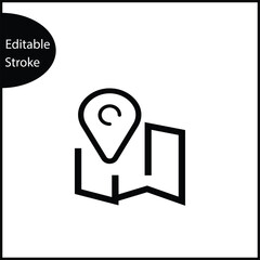 A single, clear black line icon depicting a prominent location pin placed atop a folded paper map. This minimalist, editable stroke graphic is focused on navigation and geo-targeting, making it highly