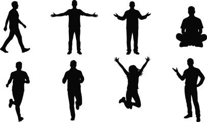 Silhouette of people walking, running, jumping, and sitting in various poses isolated on white background for fitness and design use