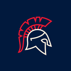 Obraz premium A stylized spartan helmet is outlined in red and white against a deep blue background