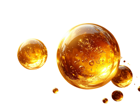 Golden oil bubbles floating, glossy highlights, transparent background