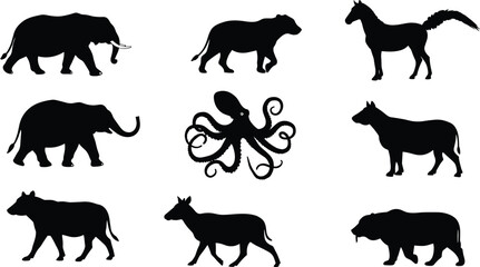 Wild animal silhouettes collection with elephant, horse, bear, ox, and octopus isolated on white background, vector illustration wildlife design