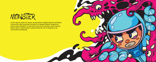 Colorful monster illustration template with cute and spooky style, perfect for Halloween, fantasy, or kids’ designs. Includes editable dummy text.