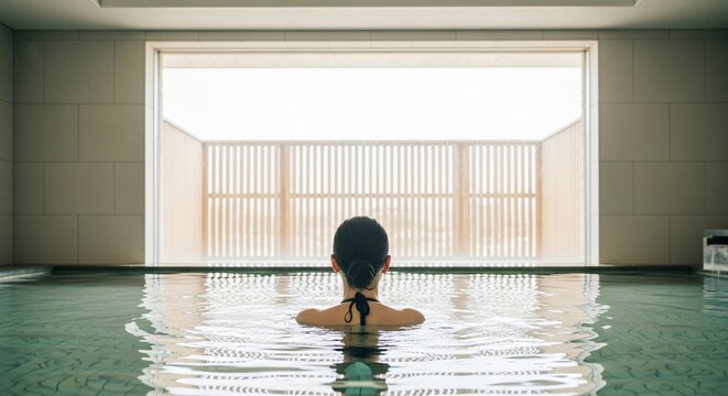 Woman in a spa pool looking out a large window