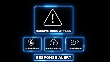 Massive DDoS Attack response notification on digital interface in data center server room with isolate node initiate backup patch route options. neon line ,4K video , cybersecurity hacking Warning - Powered by Adobe