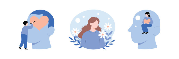 Vector art of mental health concept with a person hugging a head, meditation, and a person with anxiety