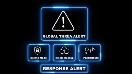 Global Threat Alert response notification on digital interface in data center server room with isolate node initiate backup patch route options. neon line ,4K video ,  cybersecurity hacking warning  - Powered by Adobe