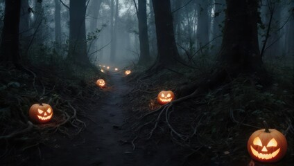 Spooky Halloween Night - Jack-o-Lanterns Illuminate a Dark Forest Path.