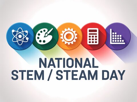 National stem steam day celebration with icons representing science technology engineering art and mathematics