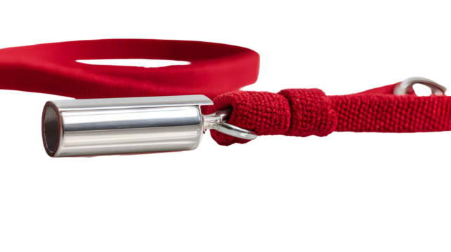 Sleek chrome whistle with red fabric strap for sport and safety use