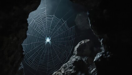 Spider in its Web at Night, Illuminated by Light.