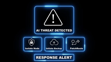 Al Threat Detected response notification on digital interface in data center server room with isolate node initiate backup patch route options. glowing neon lights cybersecurity hacking warning - Powered by Adobe