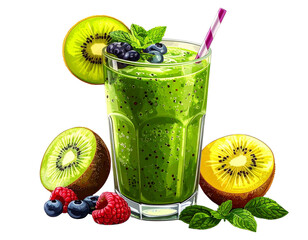 Green smoothie in a glass, fresh fruit garnish, transparent background