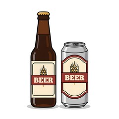 Brown Beer Bottle and Silver Can with Wheat Emblem – Classic Beverage Packaging on White Background