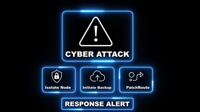 Cyber Attack response notification on digital interface in data center server room with isolate node initiate backup patch route options. glowing neon lights cybersecurity hacking warning  - Powered by Adobe