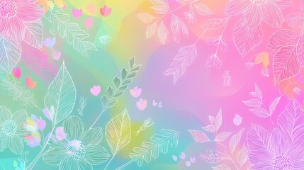 Fototapeta premium A colorful, abstract floral background with pastel hues and intricate line art, featuring leaves, flowers, and hearts on a gradient background.