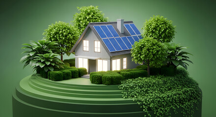 Conceptual 3D rendering of an eco-friendly house with solar panels, nestled in lush greenery, symbolizing sustainable living and clean, renewable energy