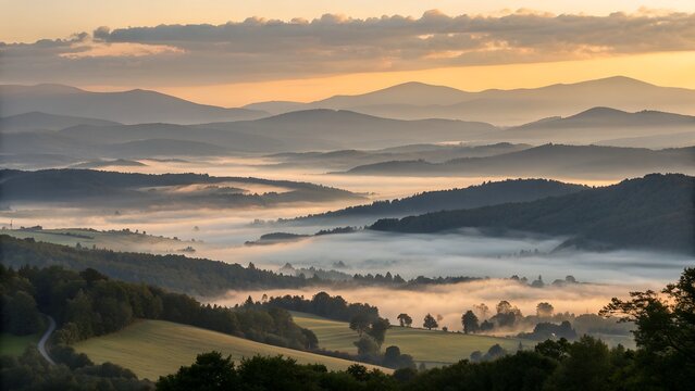 Misty valley at dawn with layers of clouds between ridges, golden rim light on distant mountains