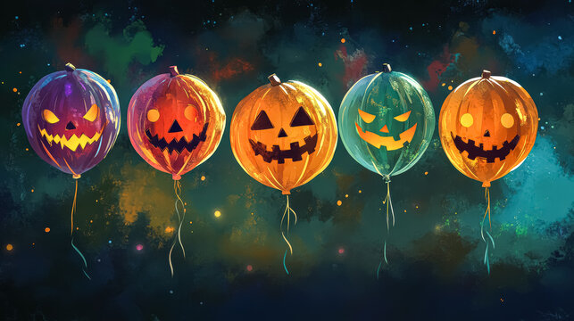 Colorful Halloween balloons with spooky faces floating against a dark, starry background