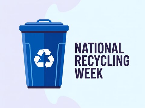 Blue recycling bin with recycling symbol for national recycling week celebration and environmental awareness