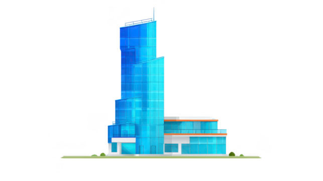 Modern glass office building with blue reflective windows, geometric architecture, and multiple floors, surrounded by minimal landscaping, urban setting, contemporary design, professional